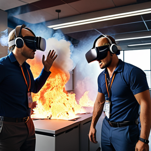 **

A diverse team of professionals wearing VR headsets, participating in a realistic virtual reality crisis simulation of a fire in a modern office building. Smoke fills the air in the simulation, and AR overlays highlight potential escape routes and safety information. Focus on the expressions of concentration and problem-solving amongst the team members. Style: Realistic, slightly dramatic lighting.

**