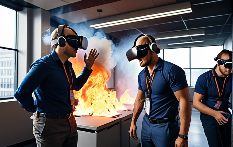 **

A diverse team of professionals wearing VR headsets, participating in a realistic virtual reality crisis simulation of a fire in a modern office building. Smoke fills the air in the simulation, and AR overlays highlight potential escape routes and safety information. Focus on the expressions of concentration and problem-solving amongst the team members. Style: Realistic, slightly dramatic lighting.

**