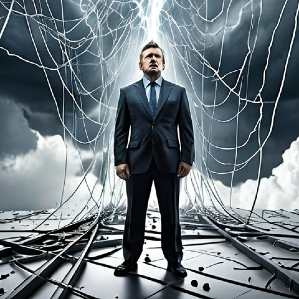 An executive leader, maintaining a calm and focused demeanor amidst chaotic and abstract visual representations of crisis and uncertainty (e.g., fractured data lines, storm clouds). The image emphasizes their psychological resilience, inner strength, and ability to think clearly under immense pressure, portraying a beacon of stability.