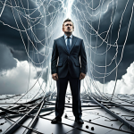 An executive leader, maintaining a calm and focused demeanor amidst chaotic and abstract visual representations of crisis and uncertainty (e.g., fractured data lines, storm clouds). The image emphasizes their psychological resilience, inner strength, and ability to think clearly under immense pressure, portraying a beacon of stability.