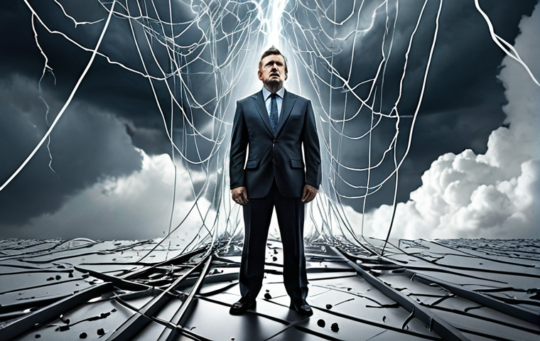 An executive leader, maintaining a calm and focused demeanor amidst chaotic and abstract visual representations of crisis and uncertainty (e.g., fractured data lines, storm clouds). The image emphasizes their psychological resilience, inner strength, and ability to think clearly under immense pressure, portraying a beacon of stability.