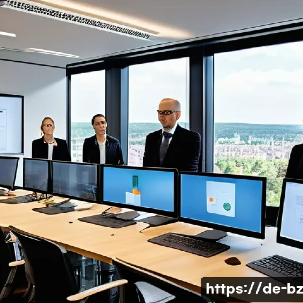 위기 발생 시 정보 공유 훈련의 중요성 - A modern corporate crisis management training room in Germany, featuring a diverse team of professio...
