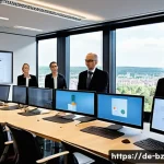 Home 22 위기 발생 시 정보 공유 훈련의 중요성 - A modern corporate crisis management training room in Germany, featuring a diverse team of professio...