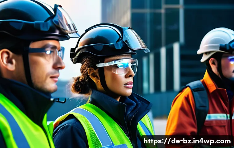 위기 대응력 향상 훈련의 최신 트렌드 - A group of emergency responders wearing AR glasses actively coordinating during a high-pressure resc...