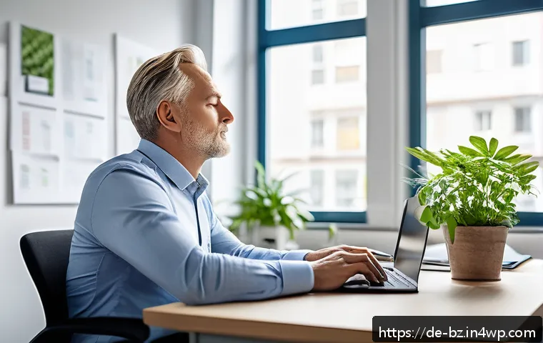 위기 발생 시 인식 개선을 위한 교육 프로그램 - A serene office environment showing a professional middle-aged German man practicing the 4-7-8 breat...
