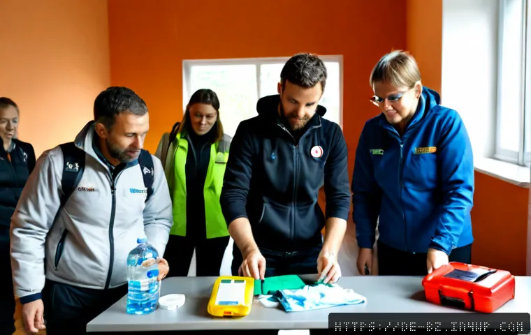 위기 상황에서의 우선순위 결정 훈련 - Photorealistic emergency preparedness training in a modern German community center, diverse adult pa...